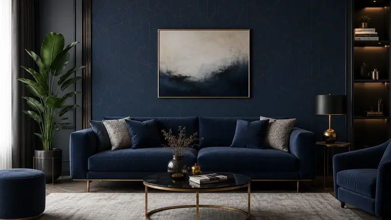 Modern dark blue luxury living room with navy sofa, geometric wallpaper, gold accents, coffee table, and indoor plant